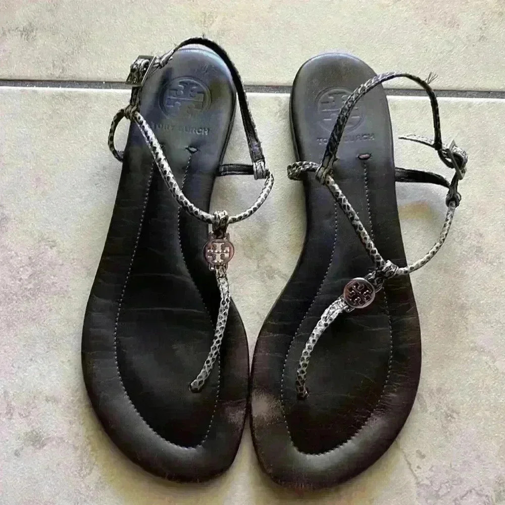 Tory Burch, black animal, print T-strap sandals 8 - Picture 3 of 13